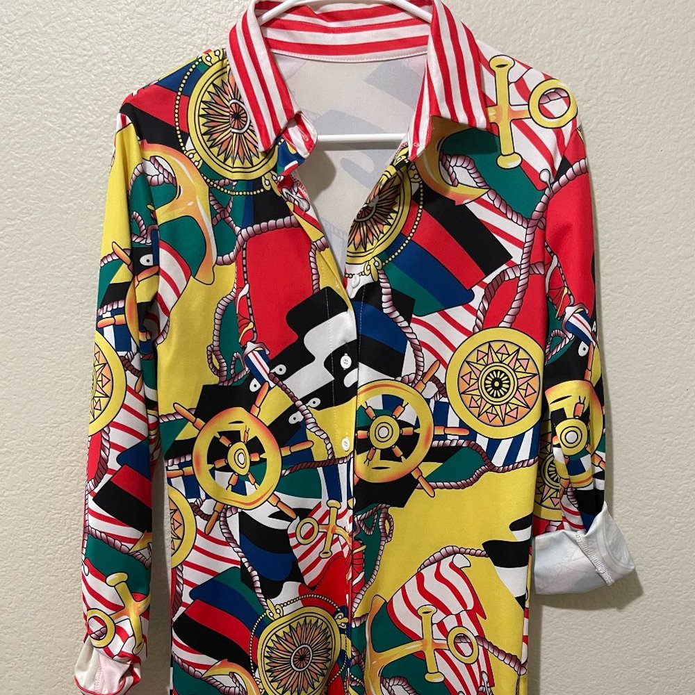 Women's Colorful Pattern Shirt Dress - Button Down Long Loose Blouse